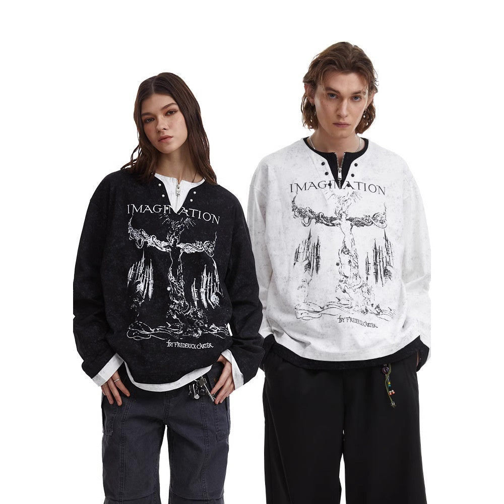 American Retro Punk Printed Pearl Buckle Fake Two-Piece Long Sleeve