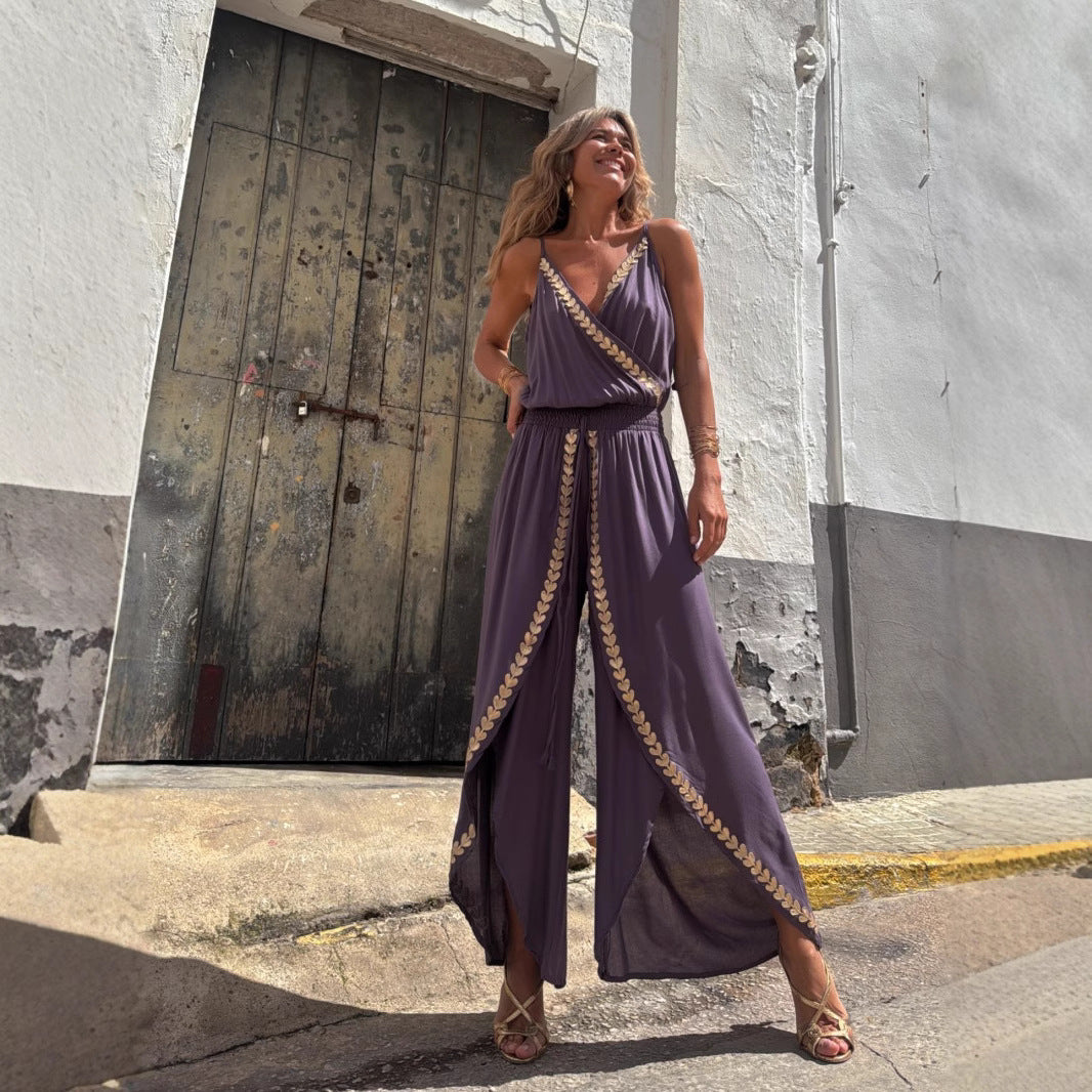Gold Ribbon Trim Waist Trimming Loose Suspender Jumpsuit