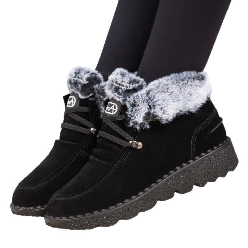 Women's Flat Round-Toe Laced Faux Fur Thicker Short Boots