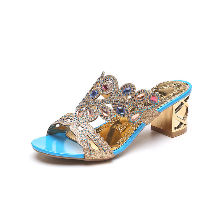 Summer Thick Heel Platform Fashion Printed Pearl Rhinestone Thin Sandals
