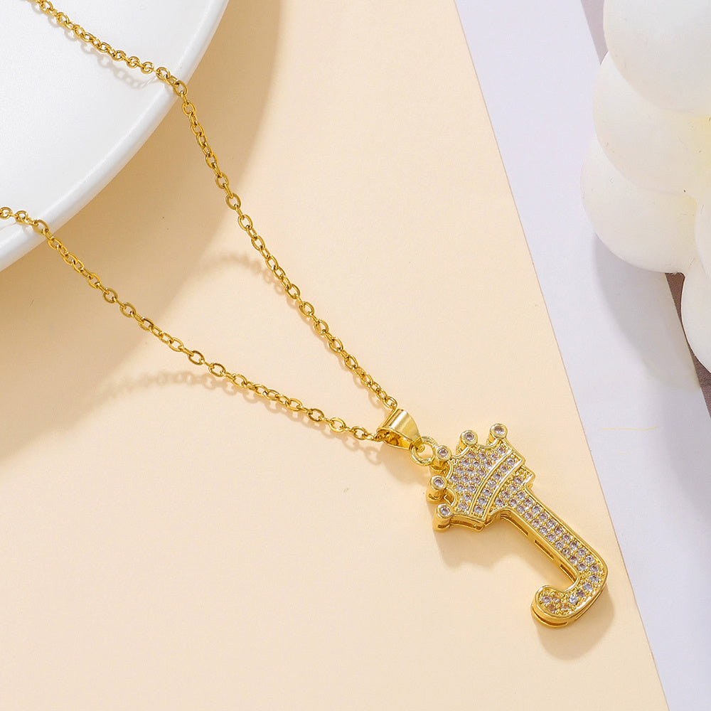 1PCS Fashionable Gold Diamond Crown Uppercase Letter Popular Pendant Necklace, Suitable For Daily Use, Festivals, Parties, Gifts Jewelry Set