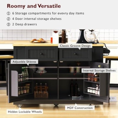 Large Kitchen Island With 2 Bar Stools, Power Outlet, Door Internal Storage Rack, Kitchen Storage Cart On 5 Wheels With Drop Leaf, 5 Open Side Racks, 2 Drawers,for Kitchen,Dining Room