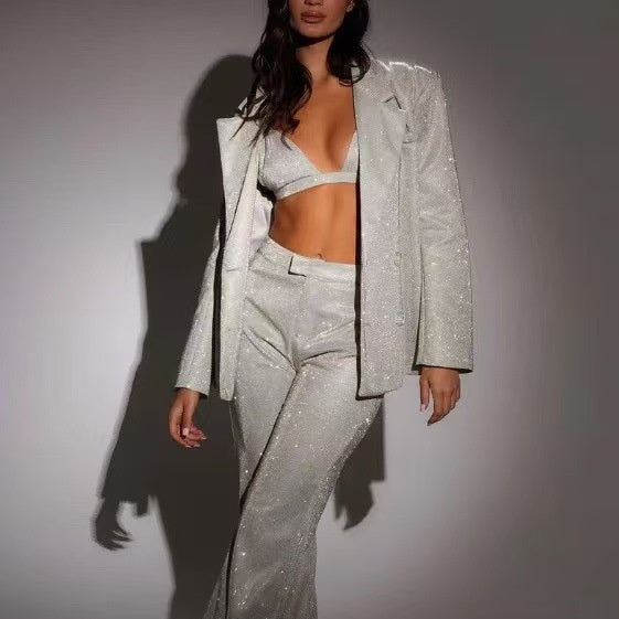 3pcs Shiny Long-sleeved Suit with Bra Lapel Blazer and Straight-Leg Trousers Fashion Party Jacket Set for Women Clothing