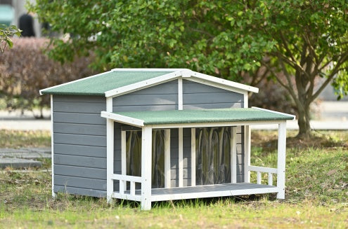 GO 47.2 Large Wooden Dog House Outdoor, Outdoor & Indoor Dog Crate, Cabin Style, With Porch, 2 Doors, Gray And Green