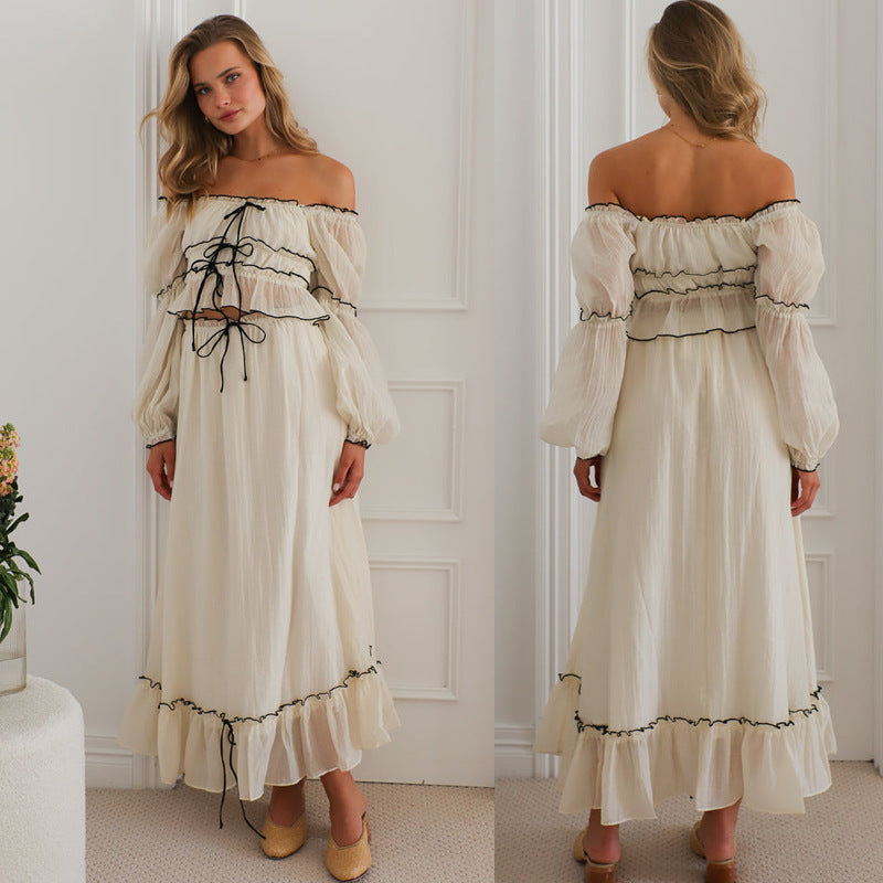 Off-Neck Puff Sleeve Vacation Top Suit