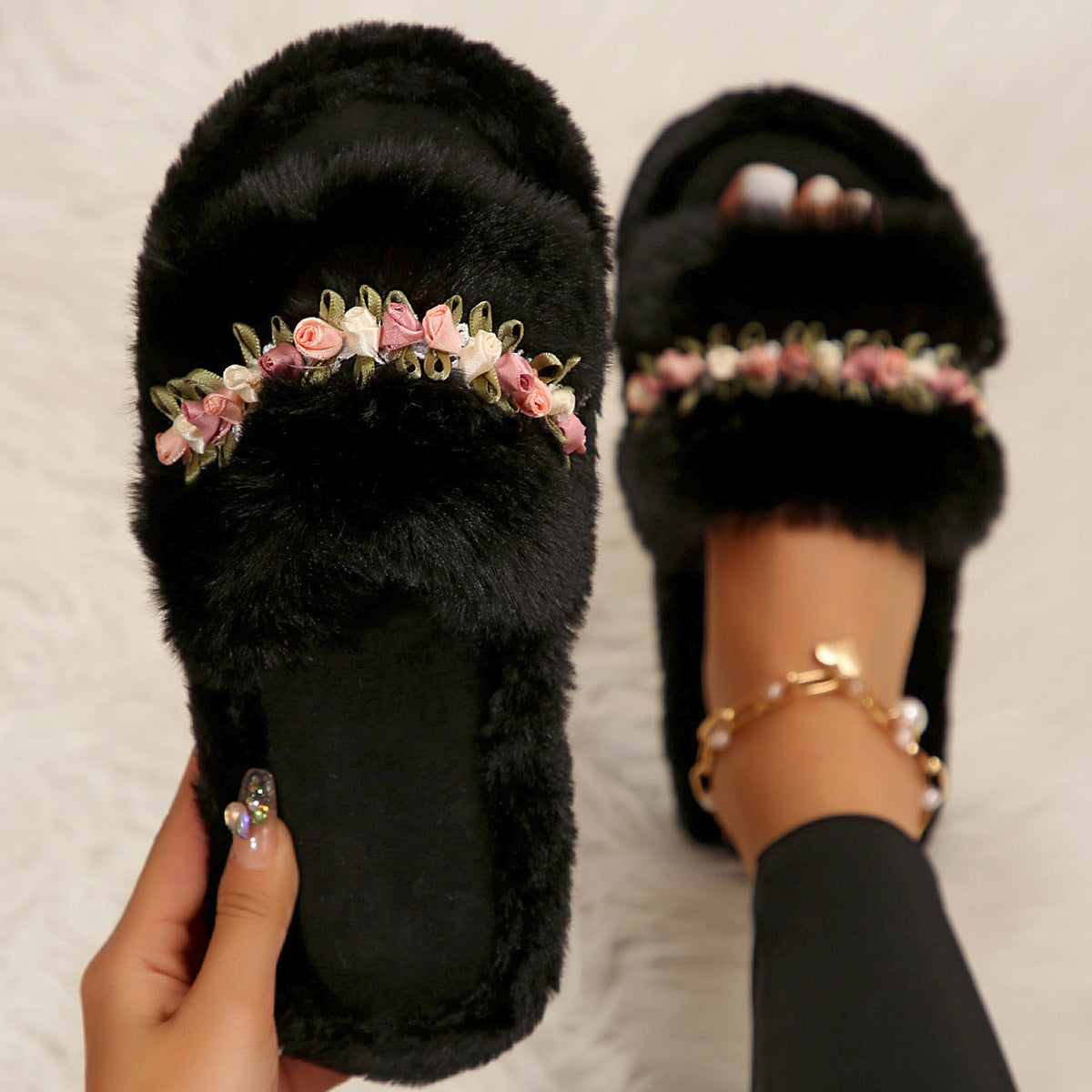 Flower Fluffy Slippers Female Soft Bottom Home Word Cotton Slippers