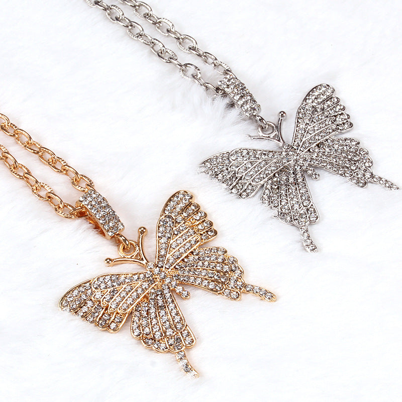 Fashion Diamond Cuban Chain Big Butterfly Necklace