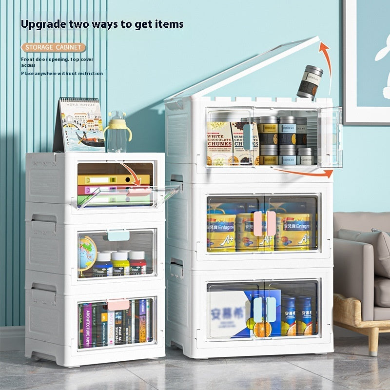 Folding Storage Box Transparent Side Double-Door Storage Cabinet with Wheels
