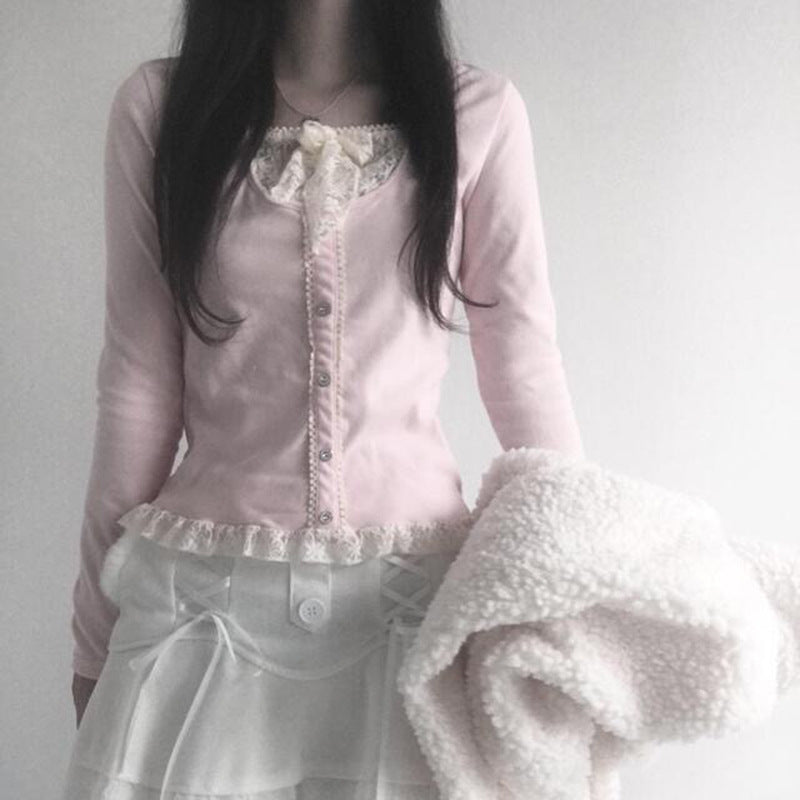 Girl's Lace Stitching Contrast Color Knitted Long-Sleeved Top T-shirt