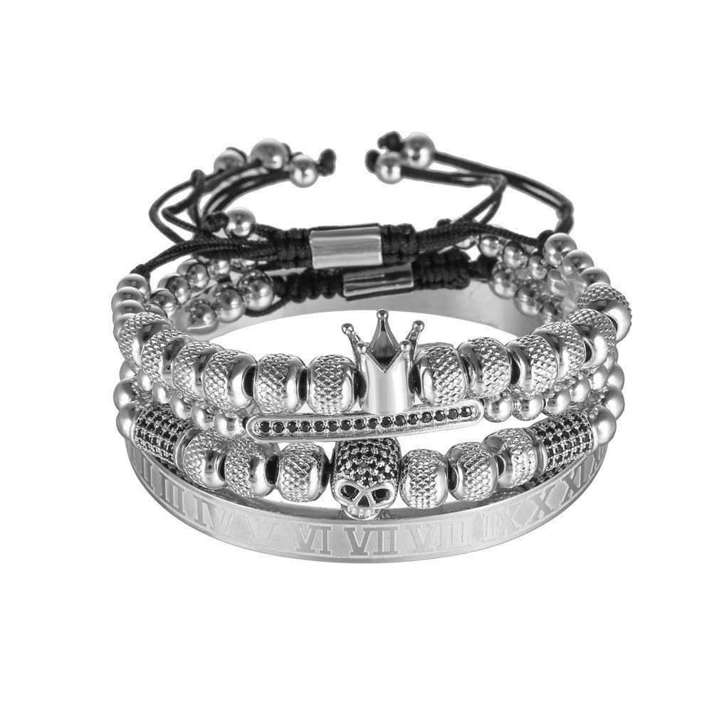 Stainless Steel Roman Letter Copper Inlaid Zircon Crown Skull Bracelet