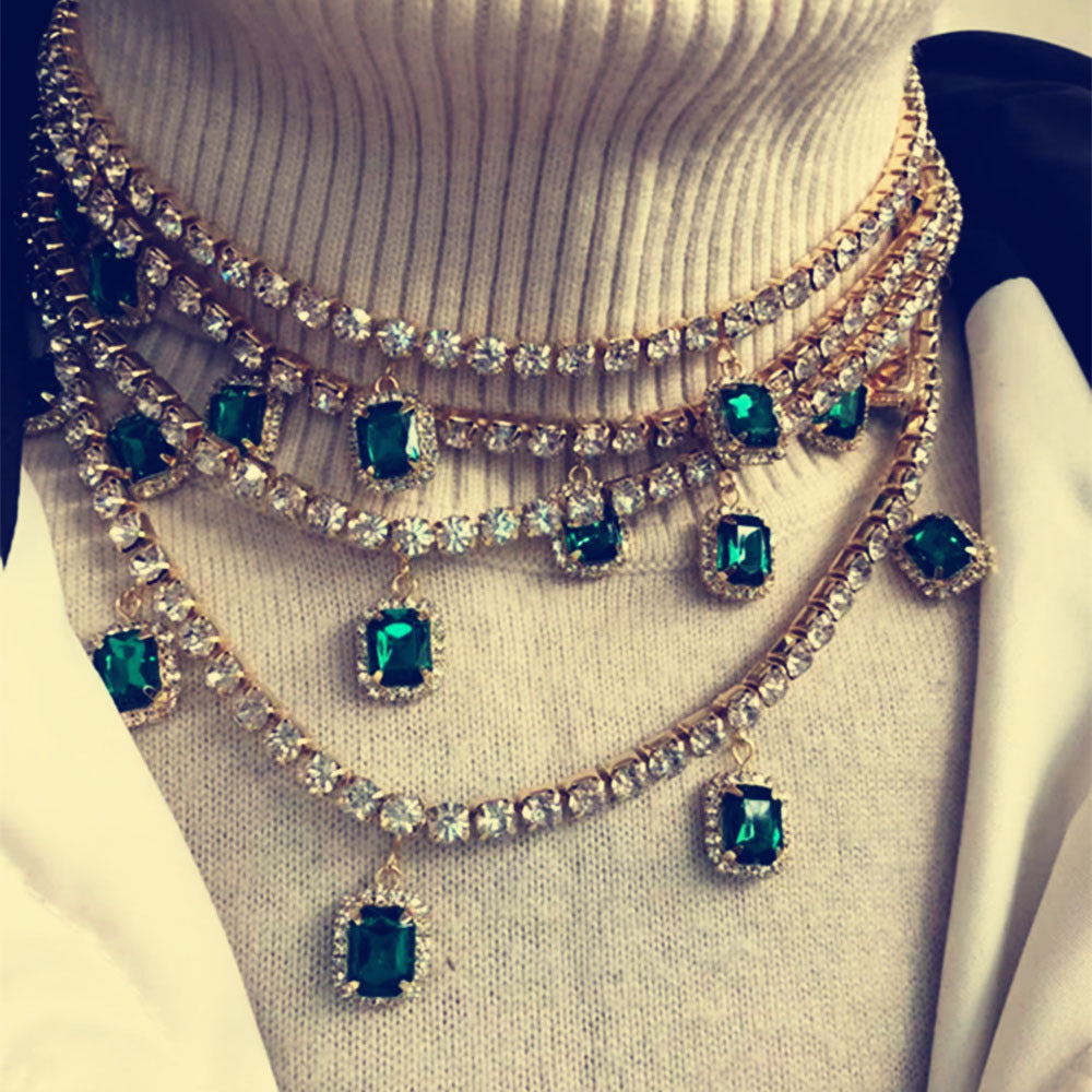Retro Exaggerated Hip Hop Multilayer Rhinestone Pendant Necklace