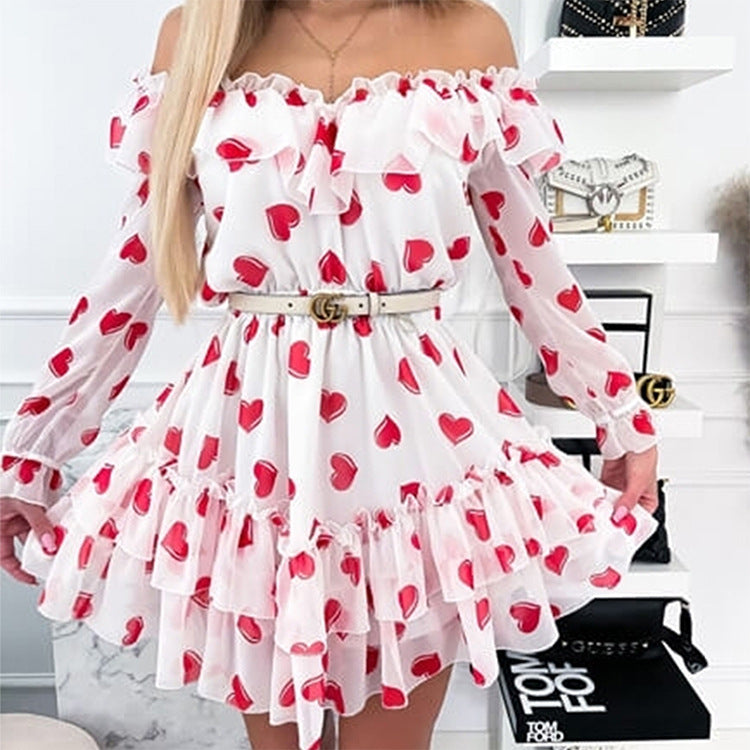 Printed One-Shoulder Fungus Edge Cake Dress