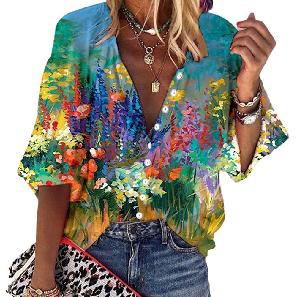 3d Flower Printed Long-Sleeved Top Female