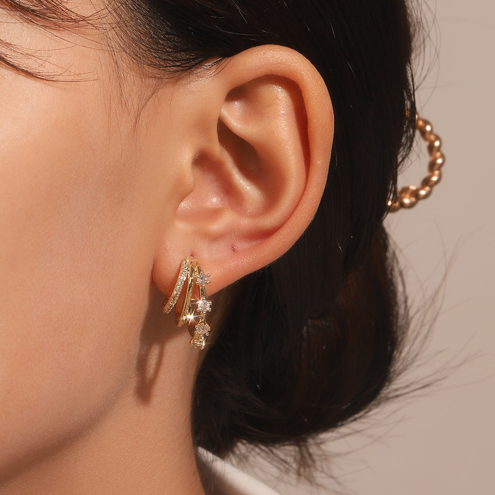 Fashion Three Rings Multilayer Diamond Earrings