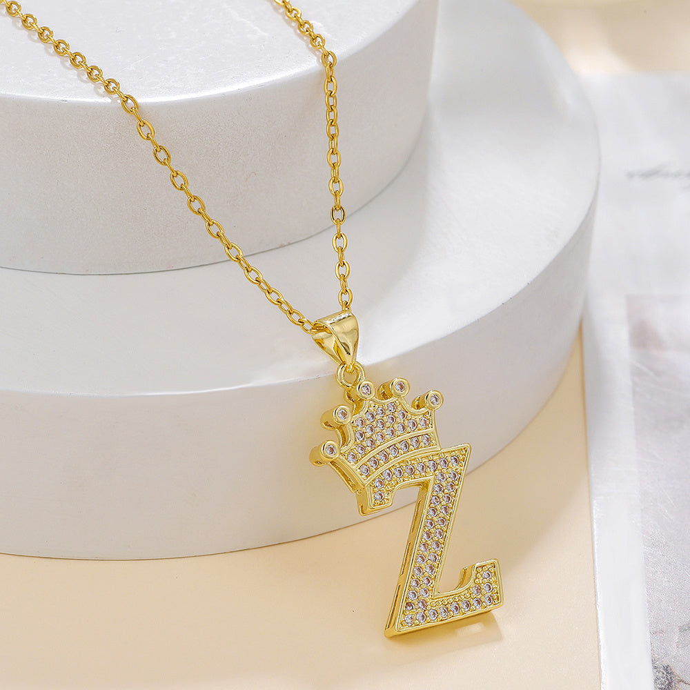 1PCS Fashionable Gold Diamond Crown Uppercase Letter Popular Pendant Necklace, Suitable For Daily Use, Festivals, Parties, Gifts Jewelry Set