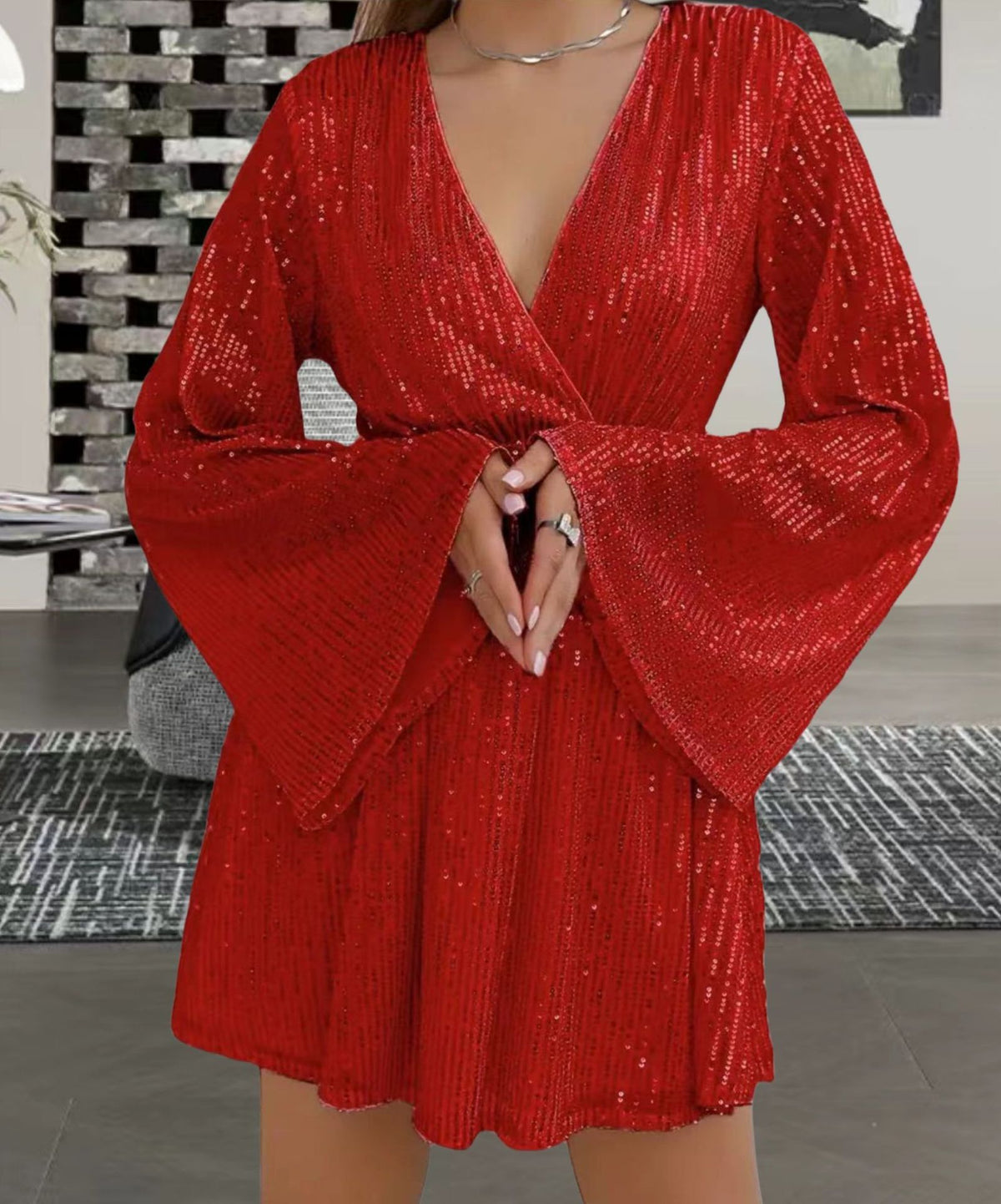 V-Neck Sequin Waist Slimming Senior Party Evening Dress