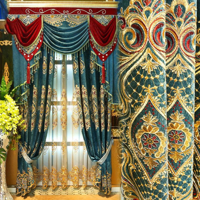 European Style Chenille Curtain Cloth Blackout Gold Silk Embroidery