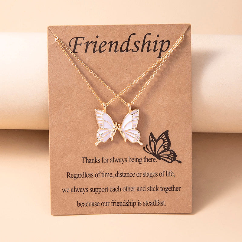 1 Pair Butterfly Pendant Necklace For Women Girls Sisters Friends With Inspirational Friendship Card
