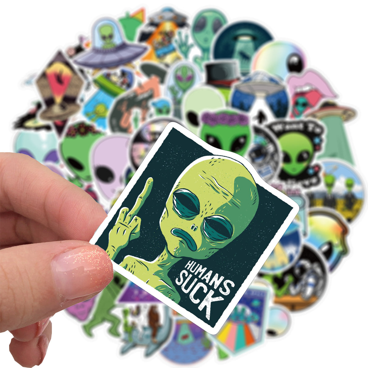 50 New Alien E.T UFO Graffiti Stickers Luggage Laptop Waterproof Without Leaving Glue Stickers