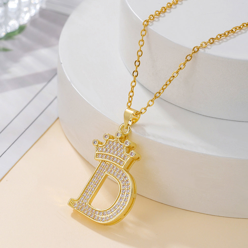 1PCS Fashionable Gold Diamond Crown Uppercase Letter Popular Pendant Necklace, Suitable For Daily Use, Festivals, Parties, Gifts Jewelry Set