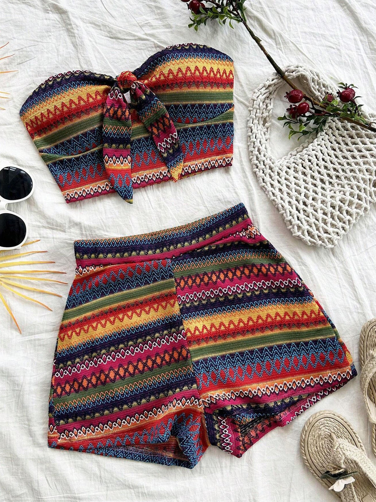 Women's Sexy 2pcs Set  Summer  Colorful Striped Elastic Suitable For Vacation And Daily Travel