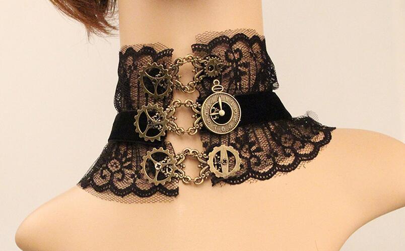Elegant Black Lace And Metal Gears Steampunk Choker