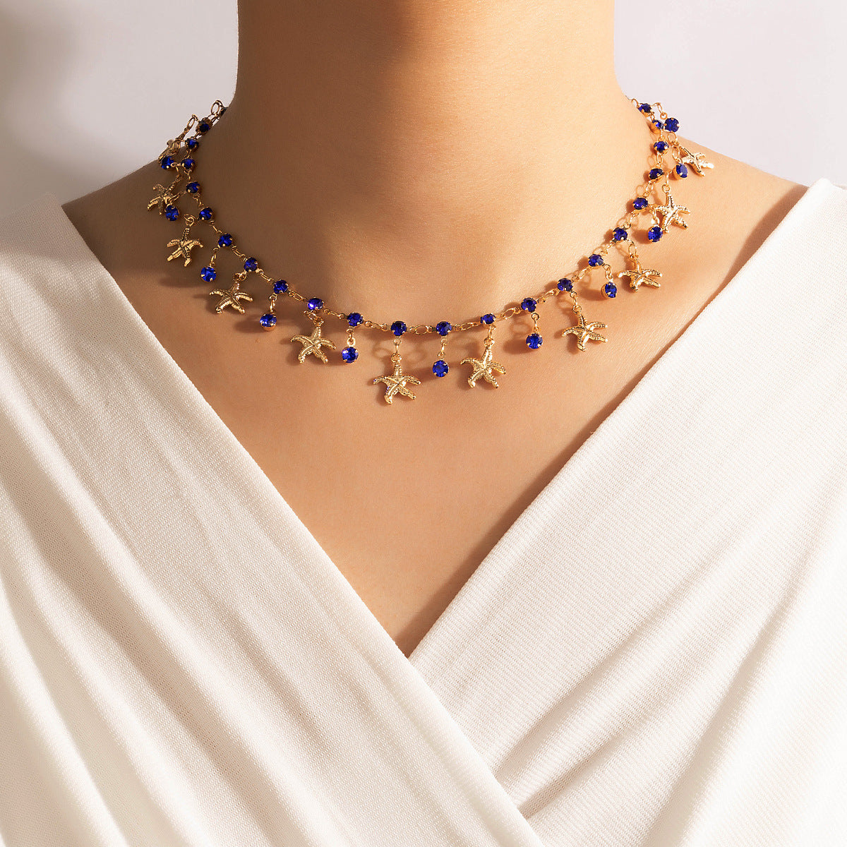 Royal Blue Tassel Alloy Starfish Palace Style Necklace Women