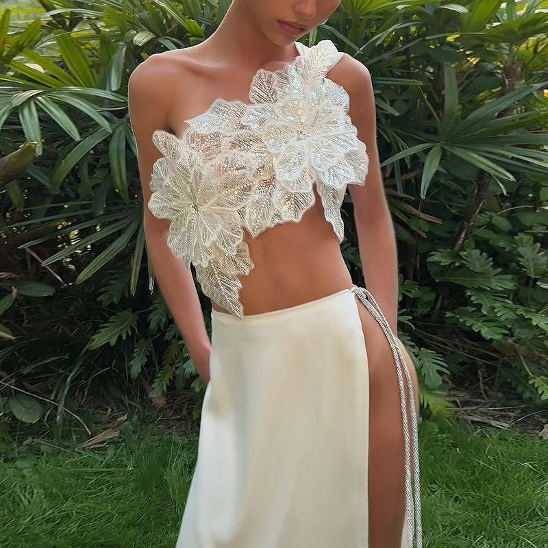 Backless Sequined Lace-Up Top Split Solid Skirt Suit