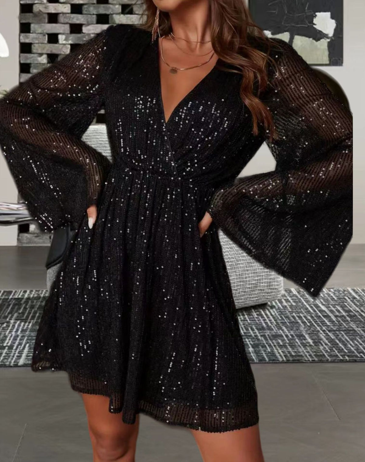 V-Neck Sequin Waist Slimming Senior Party Evening Dress