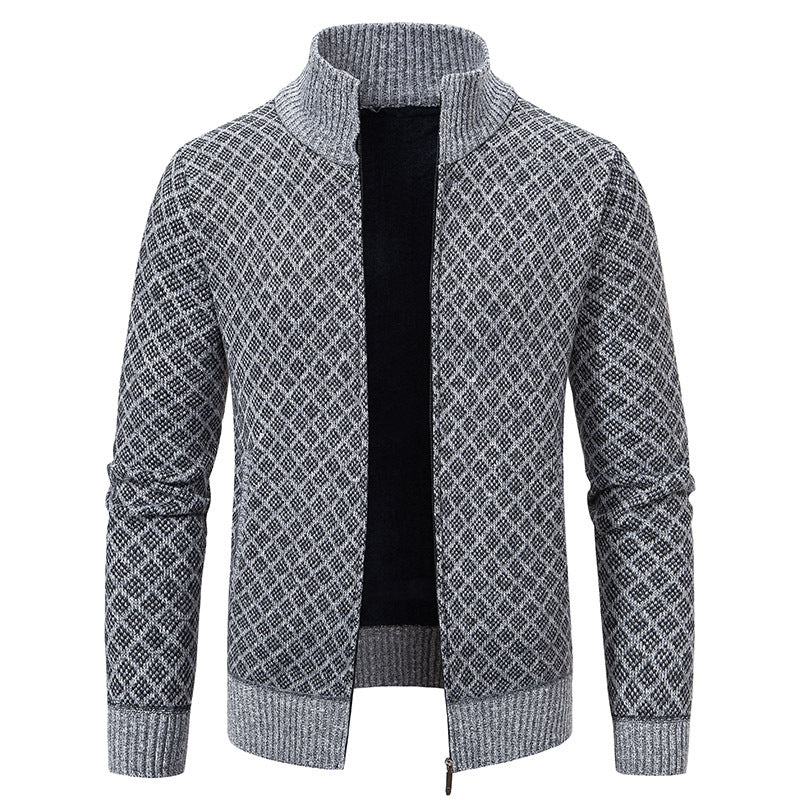 Thickened Plaid Print Jacket Cardigan Fashion Slim Fit Zipper Stand Collar Sweater Winter Men's Casual Long Sleeve Knitted Top Clothing