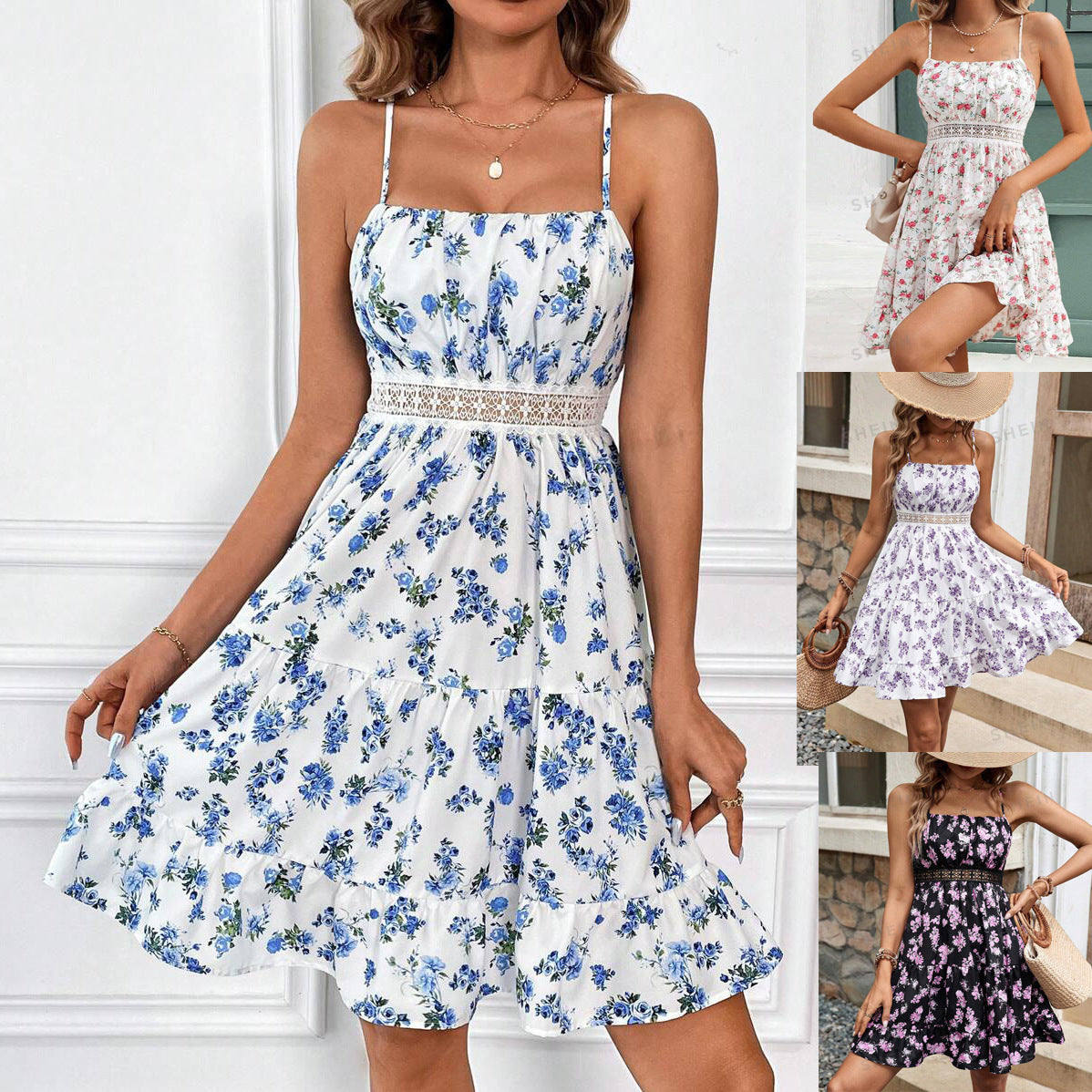Waist Lace Edge Adjustable Shoulder Strap Floral Print Short Dress