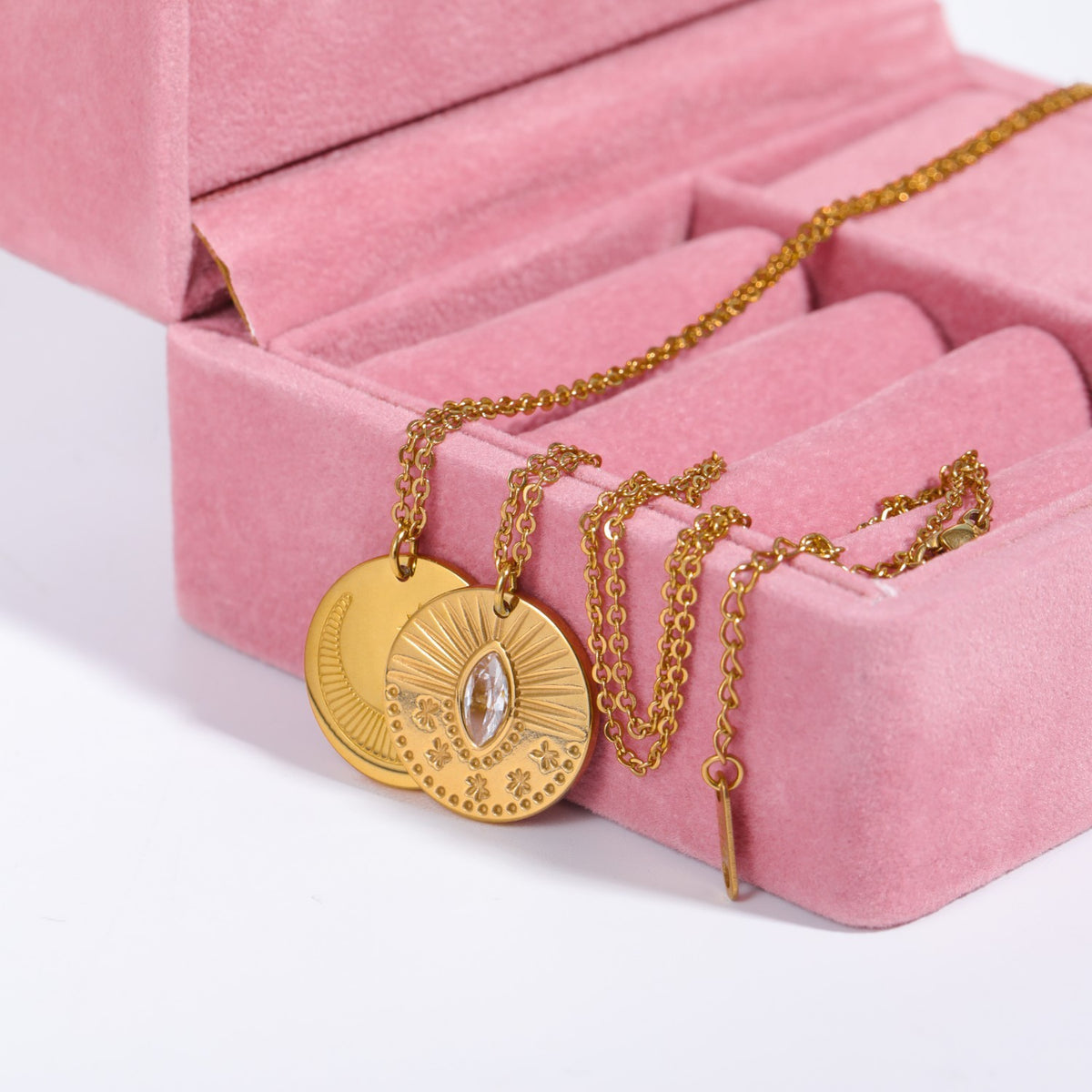 Three-Dimensional Sun Moon Round Coin Zircon Necklace