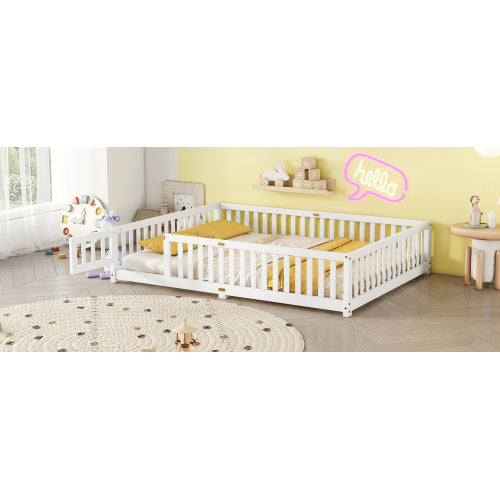 Queen Size Bed Floor Bed With Safety Guardrails And Door For Kids, White