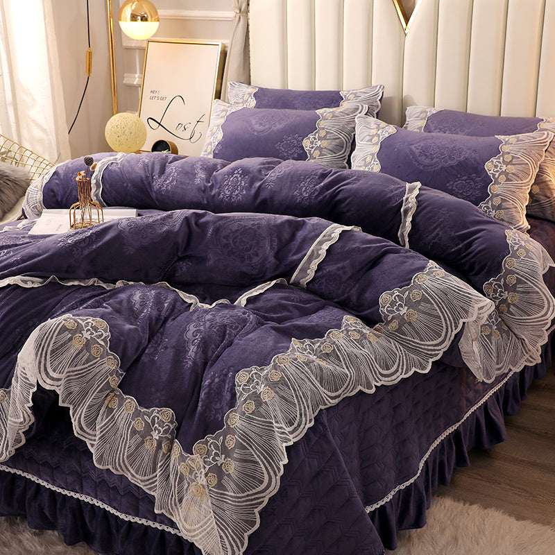 European Style Lace Warm Milk Velvet Four-Piece Coral Velvet