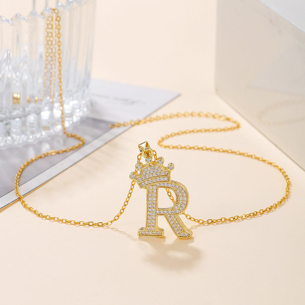 1PCS Fashionable Gold Diamond Crown Uppercase Letter Popular Pendant Necklace, Suitable For Daily Use, Festivals, Parties, Gifts Jewelry Set
