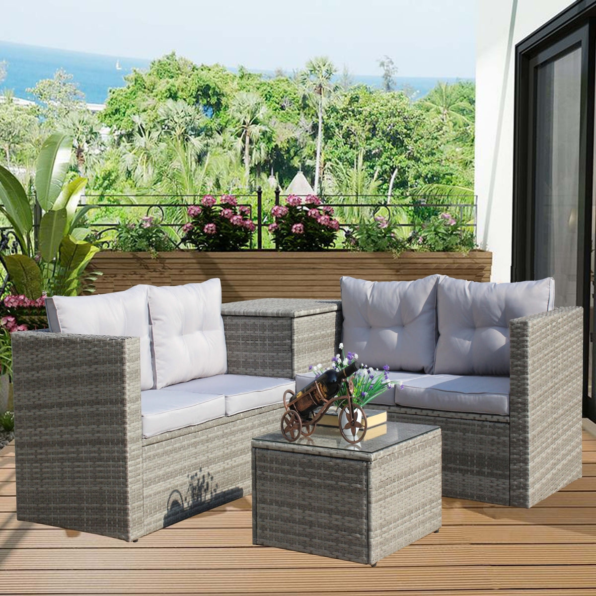 4Pc Patio Sectional Wicker Rattan Sofa Set W  Storage Box Grey
