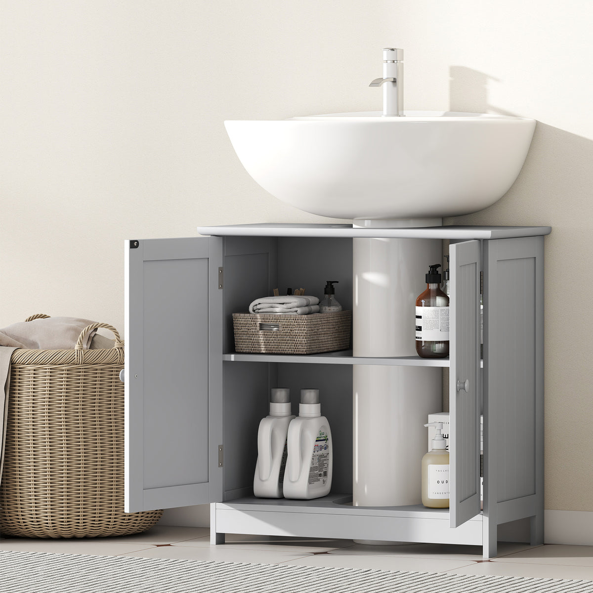 Bathroom Vanity Cabinet, Under Sink Bathroom Cabinet with 2 Doors and Adjustable Shelf, Light Gray