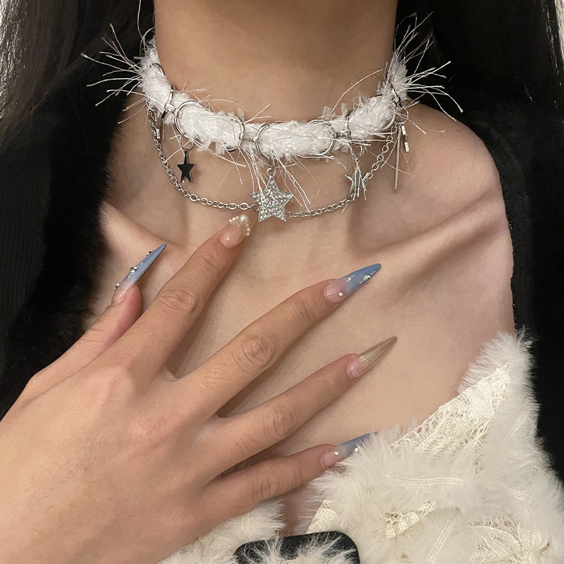 White Plush Choker XINGX Double Layer Necklace