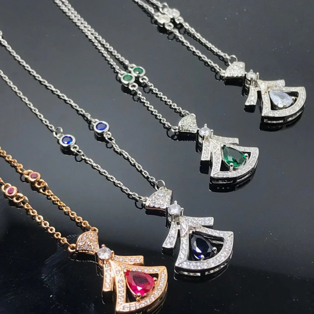 Fashionable All-Match Pear-Shaped Red and Blue Emerald Full Diamond Clavicle Chain