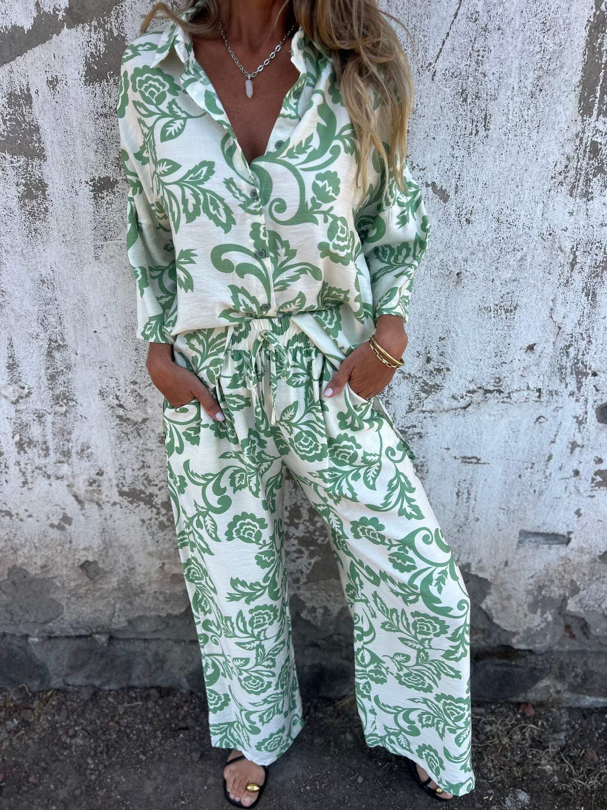 Casual Women's Printed Shirt And Trousers Two-Piece Set