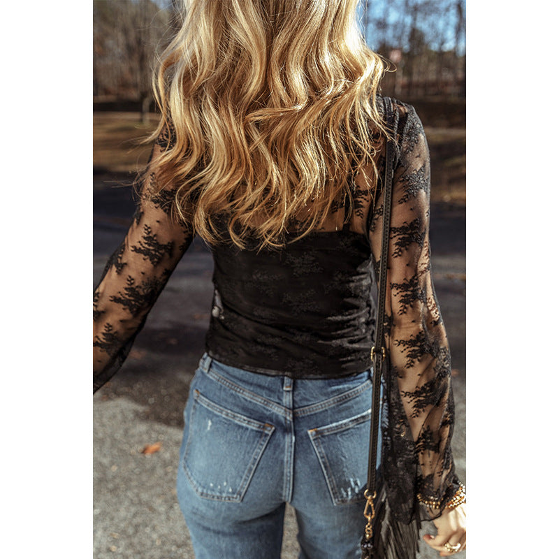 Slim-Fit Slimming Bottoming Shirt Women's Lace Long-Sleeved Top