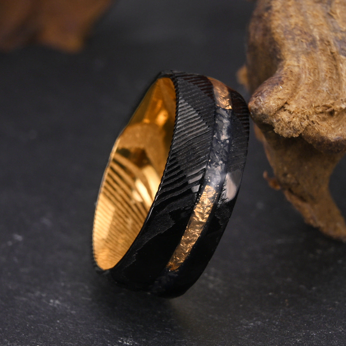 8mm Electroplated Two-Color Damascus Steel Ring For Men