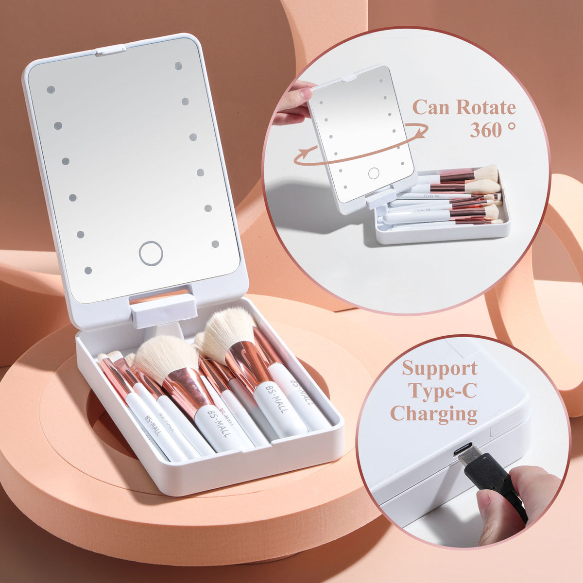 Rechargeable Luminous Mirror Portable Makeup Brush Suit