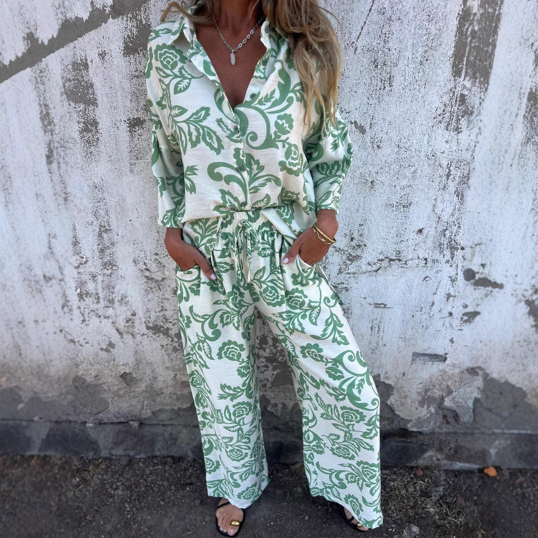 Casual Women's Printed Shirt And Trousers Two-Piece Set