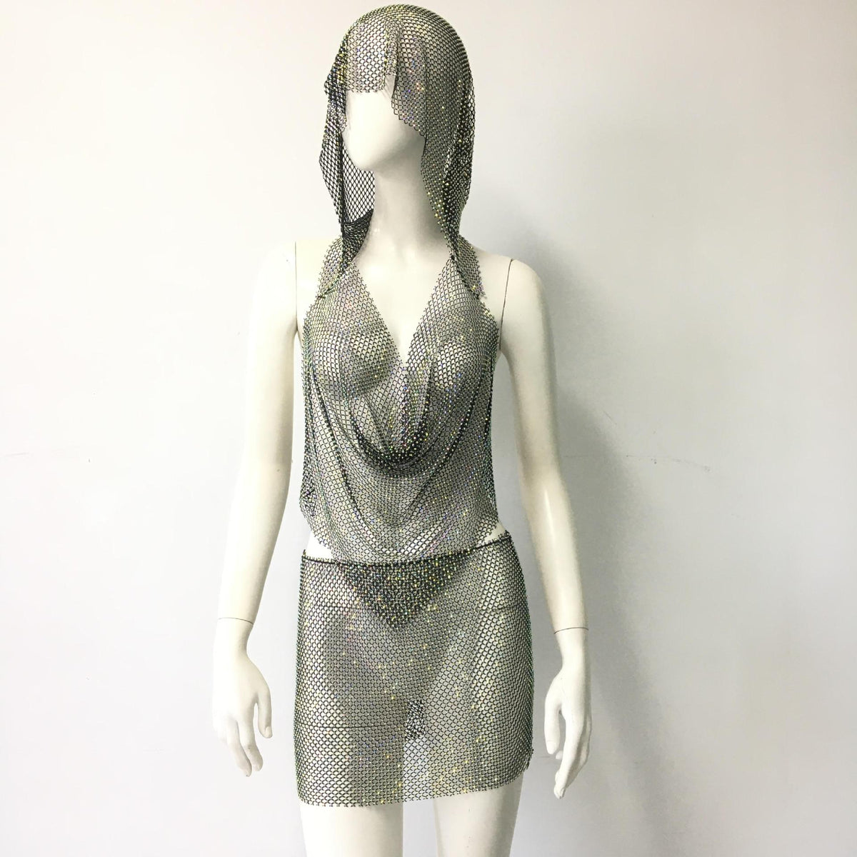Sexy Stretch Fishnet Rhinestone Tight Group Suit