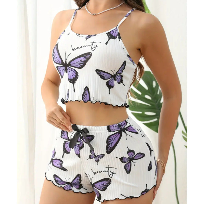 Butterfly Print Suspender Shorts Comfortable Casual Suitable For Daily Wear Ladies' Homewear
