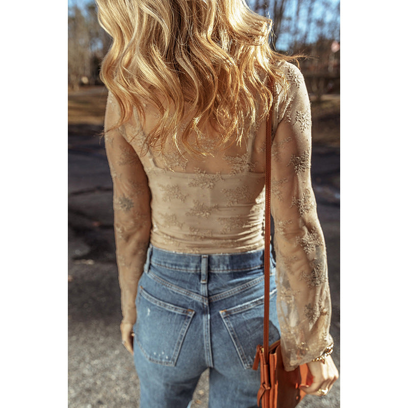 Slim-Fit Slimming Bottoming Shirt Women's Lace Long-Sleeved Top