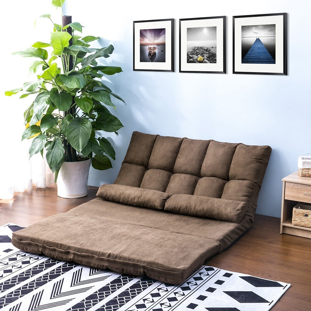 Double Chaise Lounge Sofa Chair Floor Couch with Two Pillows (Brown)