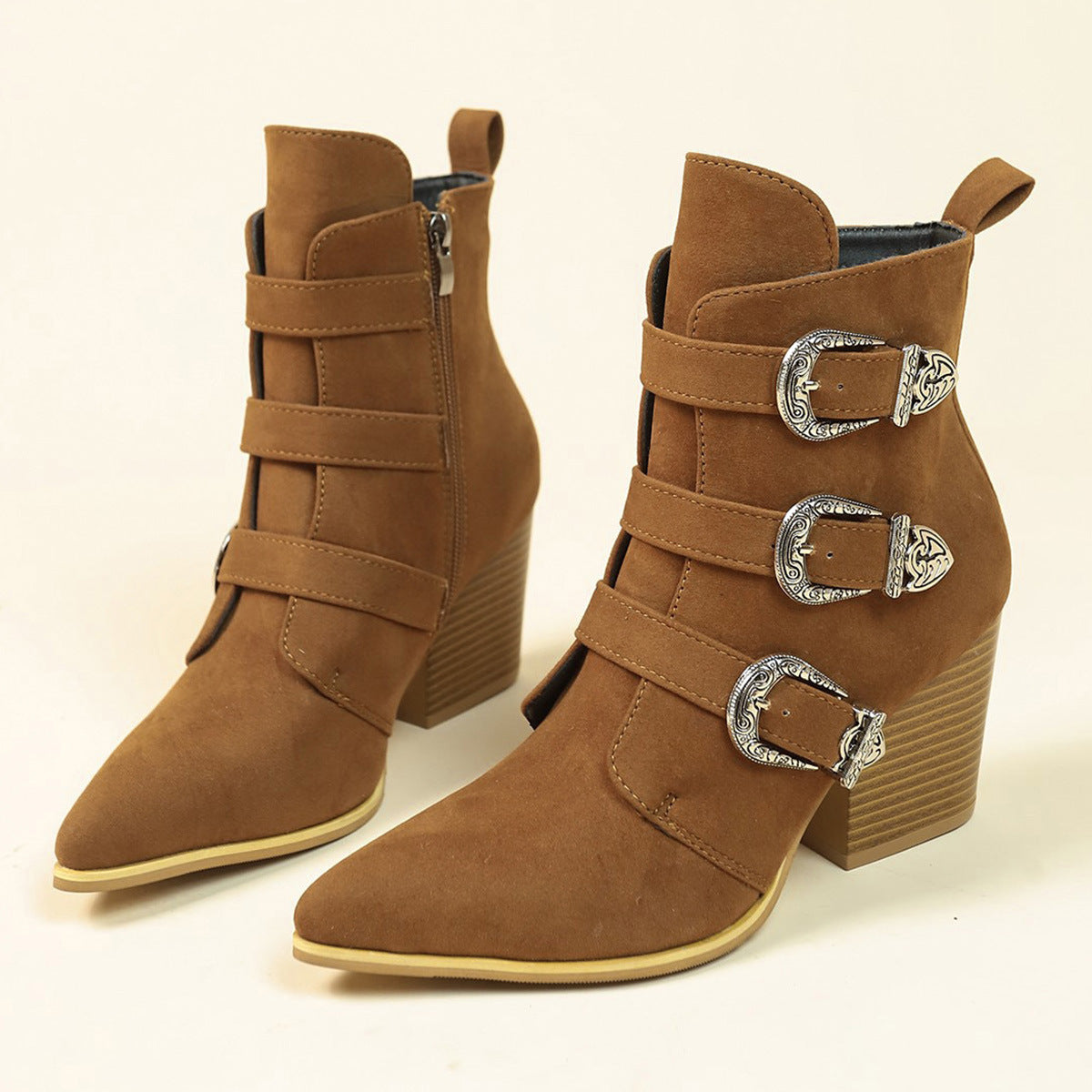 Chunky Heel Pointed Toe Boots With Belt Buckle Design Retro Mid-Calf Boot Fashion Fall Winter Shoes For Women