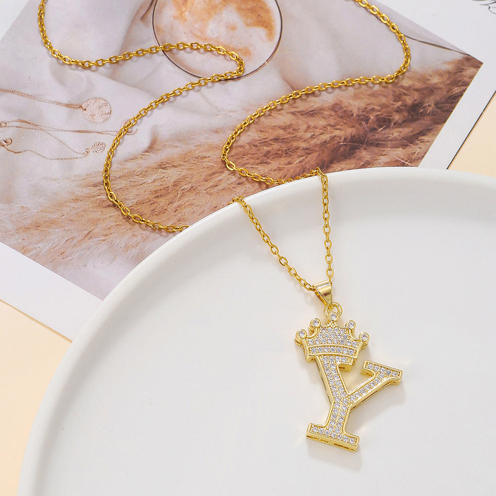 1PCS Fashionable Gold Diamond Crown Uppercase Letter Popular Pendant Necklace, Suitable For Daily Use, Festivals, Parties, Gifts Jewelry Set